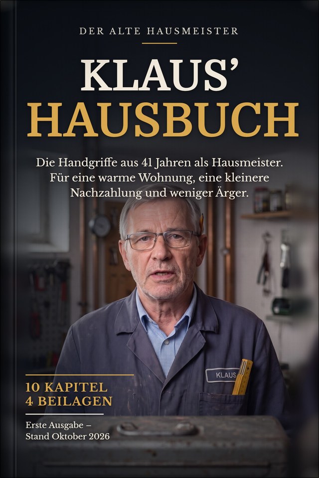 Titelseite von Klaus’ Hausbuch: Klaus Wendler in seinem Werkstattraum im Keller