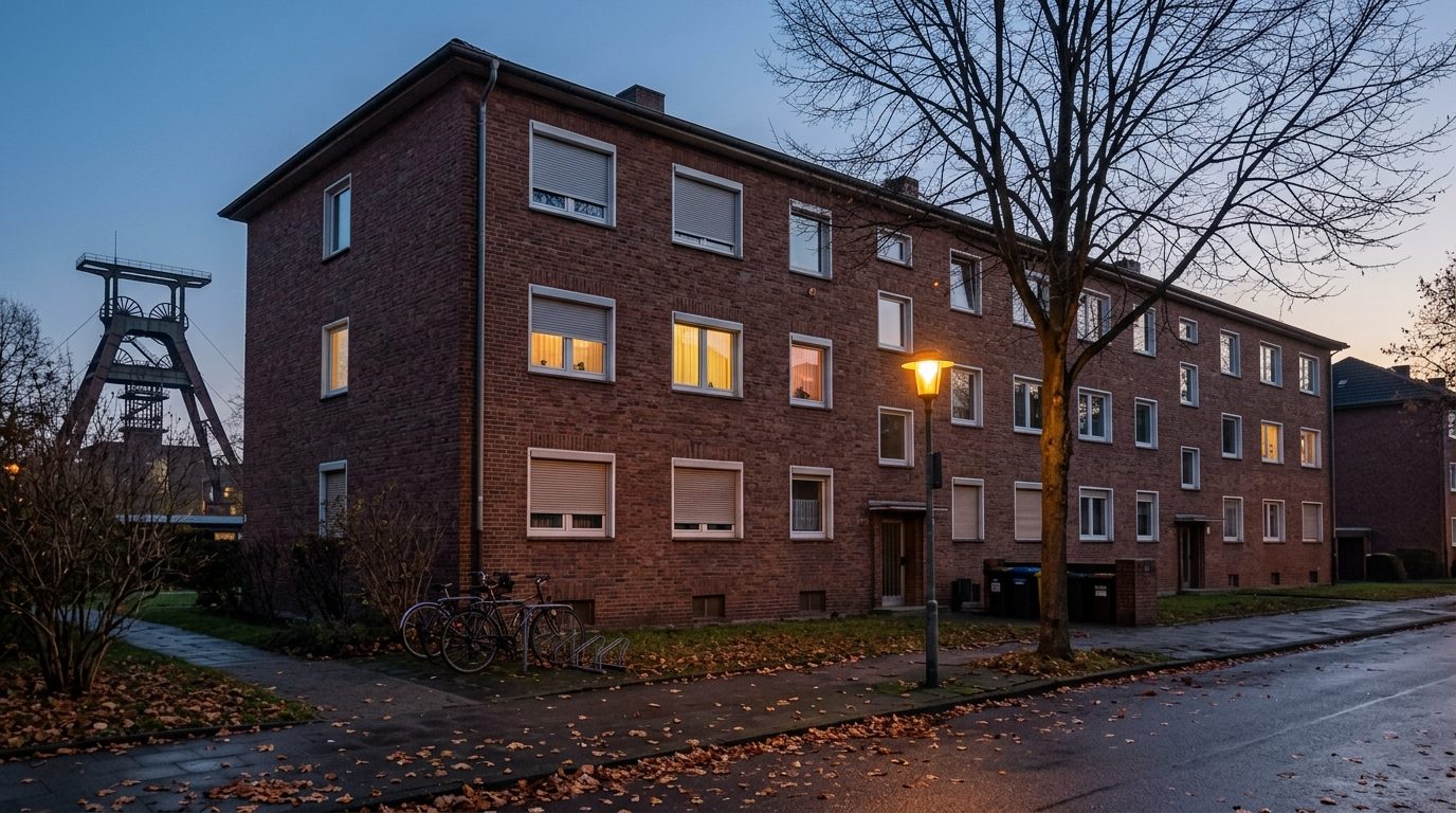 Backstein-Wohnblock aus den Fünfzigerjahren in der Abenddämmerung, im Hintergrund ein Förderturm